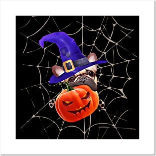 French bulldog, witch hat and Spider web, scary Halloween, jack pumpkin, spooky Posters and Art